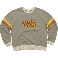 Step into comfort and style with The Landmark Project National Parks Banded sweatshirt  featuring old-school collegiate typography and a warm vintage color palette. Collegiate Logo Print Sweatshirt For Fall, Retro Cotton Sweatshirt With Logo Print, Fall Long Sleeve Sweatshirt With Logo Lettering, Retro Sweatshirt With Ribbed Cuffs For Sports Season, Retro Fall Tops With Lettering, Oversized Crew Neck Sweatshirt With Logo Lettering, Retro Lettering Tops For Fall, Relaxed Fit Throwback Tops For Fall, Collegiate Fall Sweats With Letter Print