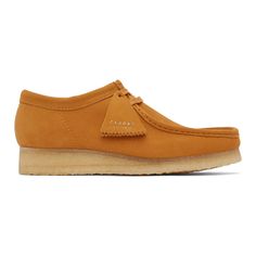 Suede derbys in orange. Square moc toe. Tonal lace-up closure. Tonal sheepskin suede lining. Stacked crepe rubber sole in beige.Supplier color: Tumeric Suede Moc Toe Oxfords With Stitched Sole, Suede Oxfords With Moc Toe And Stitched Sole, Suede Oxfords With Stitched Sole And Moc Toe, Orange Square, Clarks Originals, Original Clothes, Luxury Streetwear, Derby, Designer Fashion