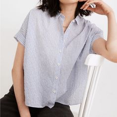 Madewell Hilltop Shirt In Seersucker Gingham Check In Size Medium - New Without Tags Easy, Airy And Just A Touch Cropped, This Best-Selling Shirt Has A Shirred Back And A Softly Curved Hem. Made Of Textural Seersucker Fabric In Gingham Checks. * Cropped Fit. * Do Well: We Partner With The Better Cotton Initiative To Improve Cotton Farming Globally. * Poly/Cotton. * Machine Wash. * Import. * Item Na326 From A Clean, Smoke-Free Home. Summer Seersucker Shirt With Short Sleeves, Summer Seersucker Short Sleeve Shirt, Casual Seersucker Shirt For Spring, Gingham Button-up Tops For Daywear, Summer Seersucker Tops With Relaxed Fit, Blue Seersucker Tops For Summer, Relaxed Fit Seersucker Tops For Summer, Seersucker Short Sleeve Tops For Summer, Collared Gingham Tops With Relaxed Fit