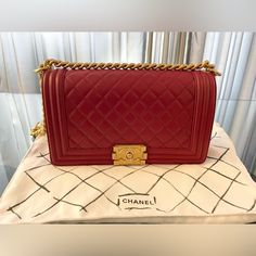 Chanel Gorgeous Quilted Medium Boy Bag Brand New Without Tags- Comes With Dustbag And Authenticity Cards Posh Will Authenticate All Designer Items Free Of Charge Retail $6400 Plus Tax! High-end Red Shopping Bag, Luxury Red Rectangular Shoulder Bag, High-end Red Crossbody Bag, Designer Red Rectangular Shoulder Bag, Classic Red Rectangular Bag, Luxury Burgundy Shoulder Bag With Gold-tone Hardware, Designer Burgundy Shopping Bag, Red Square Bag For Formal Occasions, Designer Burgundy Bag For Shopping