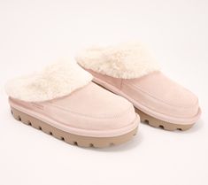 For days spent padding around the house or a quiet morning sipping coffee on the patio, these soft and fluffy suede slippers are the perfect complement to a cozy pair of pajamas topped with a robe. From Koolaburra by UGG. Ugg Pajamas, Cute Uggs, Pink Uggs, Koolaburra By Ugg, Preppy Shoes, Suede Slippers, Ugg Slippers, Faux Fur Collar, Comfy Shoes