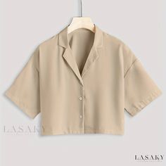 Lasaky - Professional Womens Short Sleeve Button-Up Shirt with Lapel Collar Shirting Fabric, Boho Shirt, Cropped Style, Crop Blouse, Style Boho, Button Front Shirt, Short Sleeve Button Up, Crop Shirt, Chest Pad