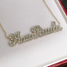 "Our Cutoff Date for Christmas delivery is Sunday Dec. 13, 2020 All Order placed after this date will be completed for mid January delivery. Personalized gold and diamond name necklace 1.25\" wide and about 1mm thick, made of solid 14k Yellow gold and Diamonds. The necklace suspends from a cable Link chain with 3 choices of length: 14\",16\", 18\" and 20\". The necklace can be made with the name of your choice up to 6 letters. A Great gift for Christmas Valentines, Birthday, Anniversary or any o Customizable Luxury Yellow Gold Necklaces, Luxury Customizable Nameplate Necklaces, Personalized Diamond White Jewelry For Formal Occasions, Personalized White Gold Diamond Necklace For Formal Events, White Diamond Custom Necklace For Gift, Personalized White Diamond Necklace, Custom Diamond Necklace In White As A Gift, Custom White Diamond Necklace For Gift, Custom White Diamond Necklace As Gift