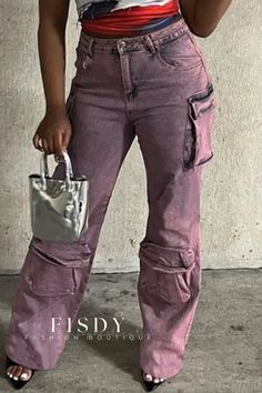 Fisdy - Mid Waist Straight Denim Jeans in Pink with Casual Patchwork Design Denim Decor, Streetwear Jeans, Tie Dye Denim, Denim Cargo, Straight Cut Jeans, Denim Pants Women, Denim Patterns, Patchwork Jeans, Cargo Pants Women