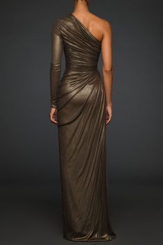 Bronze asymmetric foiled silk tulle dress with escargot embroidery – HerTrove Jean Louis Sabaji, Gala Gowns, Gold Lame, Midi Dress Style, Silk Tulle, Dress Fitted, Silk Embroidery, Tulle Dress, Lebanon