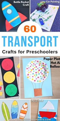 60 Transportation Arts and Crafts for Kids. Fun and easy craft ideas for preschoolers and kindergarteners who love machines and vehicles. #transport #artsandcrafts #preschoolers #kindergarten Transport Ideas Preschool, Trucks Crafts Preschool, Shape Transportation Craft, Air Vehicles Activities For Kids, Books About Transportation For Preschool, Preschool Bike Craft, Cars Arts And Crafts For Kids, Air Vehicles Preschool