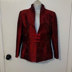 Nwot Elegant Jacket Hand Made Size M Knotted Buttons Very Nice Details Embroidery Sequins Designs Dark Red Measurements: Armpit To Armpit 17” Length 27” Festive Fitted Outerwear With Floral Embroidery, Festive Fitted Floral Embroidery Outerwear, Fitted Embroidered Festive Blazer, Fitted Outerwear With Floral Embroidery And Stand Collar, Formal Winter Outerwear With Floral Embroidery, Festive Fitted Embroidered Blazer, Winter Formal Outerwear With Floral Embroidery, Traditional Spring Outerwear For Formal Occasions, Traditional Spring Formal Outerwear