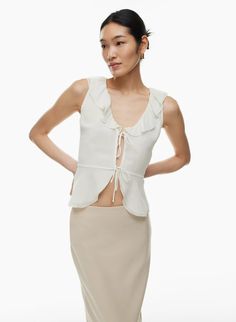 FLITTER BLOUSE | Aritzia Suit Hat, Short Bra, Tie Front Blouse, Chiffon Blouse, V Neckline, Sheer Fabrics, Sweater Skirt, Ladies Day, Short Tops