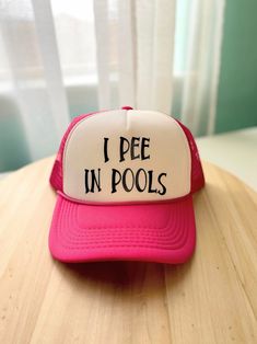 I pee in pools snapback trucker hat. ❤ Favorite this item + Favorite our shop, and we'll keep giving you more to love at Pump Up The Vinyl.❤ https://www.etsy.com/shop/pumpupthevinyl  ** DESCRIPTION ** These unique custom trucker hats are MADE TO ORDER hats are truly one of a kind.  All of our hats are SnapBack, so they can easily be adjusted to size.  Please convo me via Etsy prior to ordering if you have any sizing questions at all, because all of our hat orders are custom/made to order and we Fun Summer Baseball Cap With Curved Brim, Summer Snapback Baseball Cap With Letter Print, Summer Letter Print Snapback Baseball Cap, Vacation Snapback Baseball Cap With Letter Print, Trendy Beach Sun Hat With Letter Print, Trendy Sun Hat With Letter Print For Beach, Trendy Letter Print Sun Hat For The Beach, Cute Summer Baseball Cap, Pink Summer Hat For Poolside