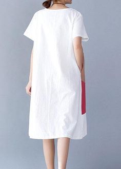 Natural White Patchwork Color Cotton Linen Wardrobes Short Sleeve Loose Summer Dresses White Shift Dress Solid Color, White Patchwork Knee-length Dress, White Knee-length Patchwork Dress, White Patchwork Shift Dress, Casual Solid Color Dresses With Patchwork, Casual Solid Color Dress With Patchwork, White Shift Dress With Patchwork, White Patchwork Dress For Work, White Solid Color Dress For Work