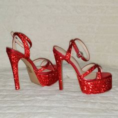 Bright Red Sparkling Rhinestones Approx. 2.5" Platform With A 6.5" Heel Sexy Ankle Strap With Buckle Closure New In Box Photos Taken With And Without Flash Quince Shoes Red, Red Heels Prom, Red Sparkly Heels, Quinceanera Heels, Sweet 16 Shoes, Prom 2k24, Quinceanera Shoes, Red Platform Heels, Pandora Red