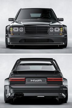 the front and back view of a black car in three different views, one showing its hood