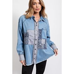 Loose Fit Washed Denim Shirt -Button Down Front -Pin Striped And Patchworks Detailing -Frayed Edges -Loose Fit And Boxy Silhouette Blue Denim Patchwork Top, Blue Patchwork Denim Top, Blue Long Sleeve Denim Top With Frayed Hem, Button-up Denim Blue Top With Frayed Hem, Medium Wash Denim Patchwork Top, Trendy Denim Blue Patchwork Top, Trendy Blue Patchwork Shirt, Button-up Denim Top With Frayed Hem, Blue Patchwork Cotton Denim Top