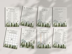 the wedding program is displayed in front of a white background with trees and mountains on it