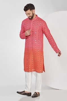 Pink and orange ombre kurta with all over mirror and foil embroidery. - Aza Fashions Pink And Orange Ombre, Embroidery Mirror, Kurta For Men, Kurta Men, Orange Ombre, Ombre Effect, Mirror Work, Aza Fashion, Full Sleeve