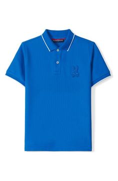 Tipped edges amp the sporty style of a kid-sized polo made from soft, breathable piqué and finished with a signature bunny logo at the chest. Button half placket 100% pima cotton Machine wash, line dry Made in Peru Blue Casual Polo Shirt For School, Blue Casual School Polo Shirt, Casual Blue Polo Shirt For School, Blue Casual Polo Shirt With Embroidered Logo, Casual Blue Polo Shirt With Embroidered Logo, Blue Collared Polo Shirt Preppy Style, Preppy Blue Collared Polo Shirt, Sporty Cotton Polo Shirt For School, Blue Cotton Polo Shirt With Embroidered Logo