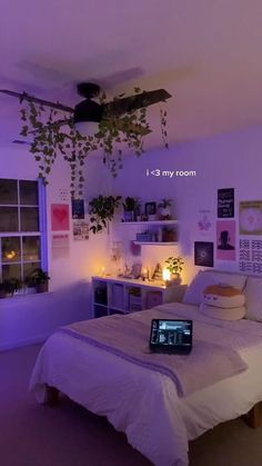 a bed room with a laptop computer on top of it and plants hanging from the ceiling