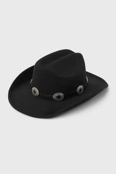 Show up to any festival this season like a total cowgirl cutie with the Lulus Wild West Wonder Black Conch Cowboy Hat! This rodeo-ready hat has a sturdy felt construction that shapes a dramatic flipped-up brim and a classic pinched top. A matching, smooth faux leather band features silver metal conch embellishments that complete the Western-style look! 3. 25" soft brim. 25" interior circumference with internal drawstring. Crown measures 4. 25" tall. 90% Polyester, 10% Alloy. Imported. Lulus | Wild West Wonder Black Conch Cowboy Hat. Western Adjustable Costume Hats And Headpieces For Country Events, Western Black Costume Hats For Festivals, Black Western Top Hat For Ranch, Black Adjustable Hat Band For Western-themed Events, Black Western Costume Hats For Festivals, Adjustable Black Hat Bands For Western-themed Events, Black Western Style Top Hat For Ranch, Black Brimmed Felt Hat For Western-themed Events, Black Western Top Hat For Rodeo