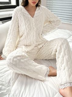 Women's Thick Floral Jacquard Turtleneck Frill Trimmed Sleepwear Set, Autumn Winter Beige Casual-Woman    Plain Pant Sets Slight Stretch All,Fall/Winter Women Sleep & Lounge, size features are:Bust: ,Length: ,Sleeve Length: Winter Sleepwear, Lounge Wear Set, Plain Pants, Cardigan Beige, Winter Pajamas, Pant Sets, Beige Cardigan, Floral Jacquard, Sleepwear Sets