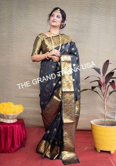 Black color lichi silk saree with golden zari weaving work, Designers Wedding Party Wear Saree, Indian Traditionally look sarees for festive by TheGrandTrunkUSA on Etsy Lichi Silk Saree, Wedding Party Wear, Design Blouse, Party Wear Saree, Wear Saree, Party Wear Sarees, Ethnic Wear