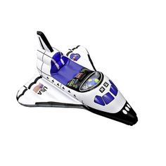 an inflatable space shuttle that is white and blue