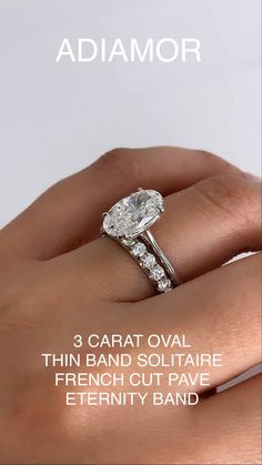 3 carat oval diamond set in a thin band engagement ring setting. Shown on hand and paired with a pave set diamond eternity band. Oval Ring Cathedral Setting, Carat Oval Engagement Ring, Band Engagement Rings, Engagement Rin, Pave Wedding Bands, Oval Solitaire Engagement Ring, Oval Engagement Ring, Cute Engagement Rings, Future Engagement Rings