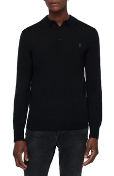 Slubbed merino wool brings superior softness to a handsome long-sleeve polo with the versatility to work across your entire casual wardrobe. Style Name:Allsaints Mode Long Sleeve Wool Polo. Style Number: 5901116. Allsaints Casual Winter Sweater, Allsaints Long Sleeve Winter Sweater, Allsaints Long Sleeve Sweater For Fall, Classic Fall Henley For Workwear, Classic Fall Henley For Work, Allsaints Classic Long Sleeve Top, Fall Merino Wool Tops For Business Casual, Black Collared Polo Sweater For Winter, Casual Sweater With Polo Collar In Fine Knit