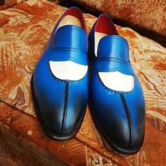 Blue White Moccasin Classic Handcrafted Loafers Dress Formal Shoes on Storenvy White Moccasins, Loafers Dress, Quality Leather Boots, Custom Design Shoes, Best Shoes For Men, Blue And White Style, Loafers Shoes, Dress Formal, Formal Shoes