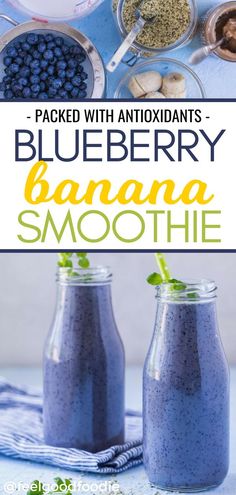 blueberry banana smoothie in two mason jars