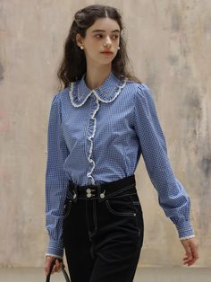 Editor's NotesDUNDROP displays timeless and classic styles with feminine details- Feminine blouse- Lace detail at the placket and collar- Plaid pattern- Puffed shoulderMeasurements(in.)Size: S / M- Length: 23.6 in. / 24.0 in.- Bust: 42.1 in. / 43.7 in.- Shoulder: 15.0 in. / 15.4 in.- Hem circumference: 44.1 in. / 45.7 in.- Sleeve: 24.8 in. / 25.2 in.* Model info: height 5' 7, Fitting size SComposition & Care- 100% cotton- Hand wash or dry cleaningDesigner- by DUNDROP Classic Button-up Top With Contrast Collar, Formal Long Sleeve Shirt With Embellished Collar, Elegant Long Sleeve Shirt With Embellished Collar, Elegant Fall Blouse With Striped Collar, Elegant Top With Striped Spread Collar, Spring Office Blouse With Striped Collar, Classic Collar Blouse For Work, Button-up Blouse With Striped Collar For Fall, Fall Blouse With Collar And Placket