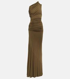 Draped One Shoulder Jersey Gown in Green - Entire Studios | Mytheresa Elegant Formal Dresses Green, Neutral Evening Gown, High End Formal Dresses, Sleek Gowns Classy, Green Long Bridesmaid Dresses, Formal Floor Length Gown, Rehearsal Dinner Dress For Guest Fall Classy, Classy Minimal Wedding Dress, Silver Sage Dress