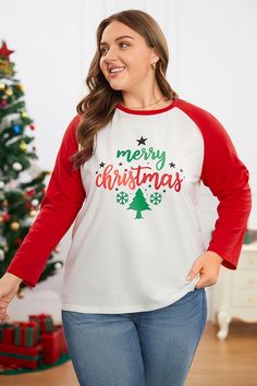 Christmas Tree Patchwork Round Neck Shift Casual Sweatshirt Winter Graphic Print Raglan Sleeve Tops, Graphic Print Raglan Sleeve Winter Top, Winter Raglan Sleeve Top With Letter Print, Winter Tops With Letter Print And Raglan Sleeve, Red Long Sleeve T-shirt With Letter Print, White Raglan Sleeve Tops For Winter, Christmas Long Sleeve Cotton Tops, Long Sleeve Cotton Christmas Top, Casual Long Sleeve Christmas T-shirt