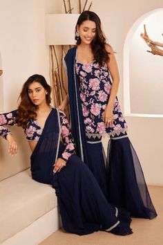 Blue pre-draped saree with bead and cutdana embroidery and ruffle details. Paired with a padded embroidered blouse. - Aza Fashions Cutdana Embroidery, Anushree Reddy, Draped Saree, Sanya Malhotra, Drape Saree, Jacqueline Fernandez, Saree With Blouse, Banarasi Sarees, Modern Bride