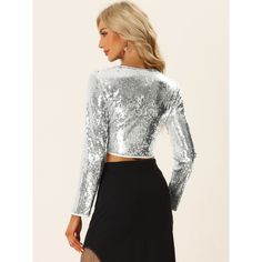 Allegra K Women's Long Sleeve V Neck Sparkly Shiny Party Blouses Silver X-large : Target Fitted V-neck Top With Contrast Sequin, Fitted V-neck Blouse For Club, Fitted Sequined V-neck Blouse, Fitted V-neck Sequin Blouse, Sequined Evening Crop Top For Party Season, Evening Sequined Crop Top For Party Season, Glamorous Long Sleeve Crop Top For Fall, Glamorous Fall Top With Contrast Sequin, Glamorous Contrast Sequin Top For Fall