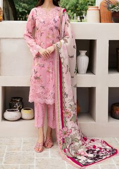 Semi-stitched Multicolor Embroidery Dress With Long Sleeves, Semi-stitched Long Sleeve Dress With Multicolor Embroidery, Eid Dresses With Intricate Embroidery, Embroidered Semi-stitched Dresses For Eid, Unstitched Sleeveless Dress For Eid, Pink Embroidered Long Sleeve Fabric For Eid, Pink Embroidered Dress With Intricate Details, Eid Georgette Dress With Multicolor Embroidery, Multicolor Embroidery Georgette Dress For Eid