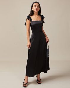 The Black Tie Strap Satin Maxi Dress & Reviews - White,Black - Dresses | RIHOAS Black Bridesmaids, Fall Wedding Guest Dress, Black Satin Dress, Grad Dresses, Black White Dress, Maxi Robes, Satin Maxi, Formal Dresses For Women, Satin Maxi Dress