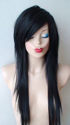 Scene wig. Black scene hairstyle wig. Emo wig. Emo by kekeshop Black Emo Hair, Scene Hair Tutorial, Scene Hair Bangs, Black Scene Hair, Black Hair Wig, Curly Scene Hair, Scene Haircuts, Scene Wig, Long Scene Hair