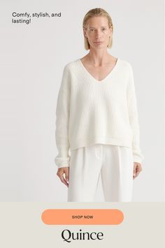 You loved our 100% Organic Cotton Fisherman Crew, so we put a fresh spin on it with the 100% Organic Cotton Fisherman V-Neck Sweater. With its relaxed fit, cropped length, and classic V-neck design, this sweater will be your new go-to for effortless style. Crafted from super-soft organic cotton in a wide ribbed knit, it's comfy and made to last.  | Quince | Women's Fisherman V-Neck Sweater in Ivory, Size Medium, Organic Cotton Pullover Sweaters Cotton, Organic Cotton Sweaters, Cream Fishermans Sweater, Leather Jacket With Hood, Fisherman Sweater, Open Neck, Cashmere Sweater, White Sweaters, Cotton Sweater