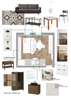 an image of a living room with furniture and accessories in the diagram above it is a floor plan for a small apartment