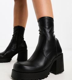 Shoes by ASOS DESIGN Time for a reboot Sock-like cuff Side zip closure Round toe Chunky sole Textured tread Mid block heel Wide fit Sock Boots, Shoes Boots Ankle, Sunglasses Shop, Body Fit, Boot Shoes Women, Jeans Shop, Block Heels, Shoe Boots, Ankle Boots