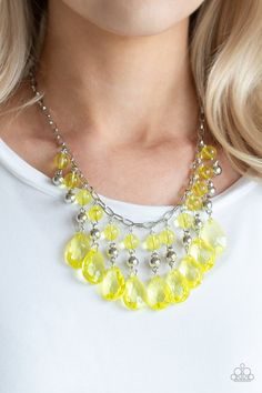 Faceted crystal-like teardrops in a gorgeous yellow hue dance along the neckline with shiny silver beads and smaller yellow crystal-like beads creating a dramatic flair. Features an adjustable clasp closure. Sold as one individual necklace. Includes one pair of matching earrings. P2ST-YWXX-024XX ORDERED 6 MAY 19 Paparazzi Pictures, Short Silver Necklace, Paparazzi Accessories Jewelry, Antique Brass Frame, Silver Strand, Hammered Silver Ring, Yellow Necklace, Yellow Jewelry, Purple Pearl