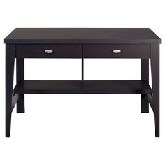 a black wooden table with two drawers on one side and an open drawer on the other