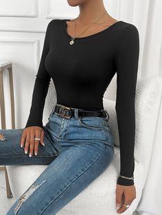 We're sure you'll love this Lace Up Back Rib-knit Bodysuit! Available in a stunning black color, this bodysuit features a scoop neck and long sleeves for an alluring look. The rib-knit fabric is medium stretch with a slim fit, while the eye-catching lace up back details add extra style to your look. Whether you dress it up or down, this versatile bodysuit will always be ready to wow. We just know that you'll feel fantastic wearing it - so don't wait any longer and get yours today! Features: Colo Black Long Sleeve Ribbed Bodysuit, Comfy Jumpsuits, Ribbed Knit Bodysuit, Neck Details, Knit Bodysuit, Ribbed Bodysuit, Back Details, Waist Line, Fabric Medium