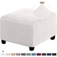 a white ottoman sitting on top of a wooden legrest with different colors and shapes