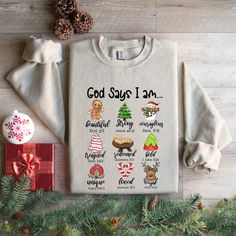 God Says I am Christmas Sweatshirt, Religious Christmas, God Says Christmas Shirt, Christmas Jesus Shirt, Xmas Christian Shirt, Jesus Tee  IMPORTANT : Price includes one sided print. Double sided print (front and back) costs extra $6. You can add your order 'CUSTOM PRINT' from Custom Section. HOW TO ORDER SHIRT 1) Select Your T-Shirt Size and Color from the drop down menus. 2) Choose Your Quantity 3) Click ADD TO CART 4) Click "Proceed to Check Out"  If you want to have 3xl or 4xl, please send us a message. - If you want to have another color that is not listed, tank top, youth sweatshirt, or youth hoodie please send us a message. Product We sell Bella Canvas, Gildan soft style, and Circle Soft Style shirts, sweatshirts, and hoodies. IF YOU WANT TO HAVE A SPECIFIC BRAND, PLEASE LET US KNOW Winter Crew Neck Shirt With Letter Print, Crew Neck Shirt With Letter Print For Winter, Winter Gift Shirt With Letter Print, Long Sleeve Shirt For Christmas Gift, Winter Letter Print Shirt For Gift, Winter Letter Print Shirt Gift, Jesus Tees, Christmas Jesus, Jesus Shirt