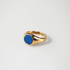 This round gemstone signet ring is about to be your next favorite. The mix of deep blue color of Lapis Lazuli and the texture of 18k gold color makes the ring an eye-catching but classic piece. We also have the ring with Malachite. 18k gold plated Stainless steel base Waterproof and tarnish free Available in US size 6- Luxury Lapis Lazuli Cabochon Rings, Personalized Gift Cards, Deep Blue Color, Lapis Lazuli Ring, Original Gift, Signet Ring, Blue Stone, Sizing Chart, Deep Blue