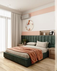 a bedroom with a large bed and wooden floors