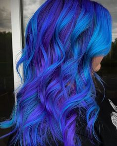 Peacock Color Hair, Blue And Purple Mixed Hair, Peacock Colored Hair, Blonde Purple Blue Hair, Purple And Teal Highlights Blonde Hair, Purple And Blue Hair Color Ideas, Blue And Purple Ombre Hair, Pink And Blue Hair Ideas, Silver And Blue Hair