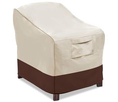 a white chair with brown trim on the seat and back cover is shown in front of a white background