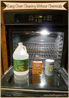 an open oven with cleaning products in it